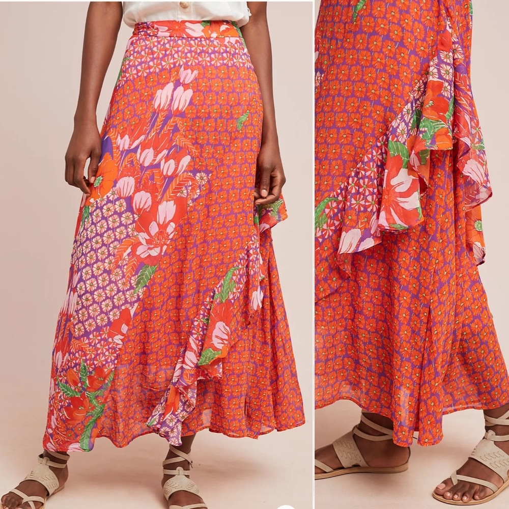 Maeve Orange Floral Ruffled A-Line Maxi Skirt